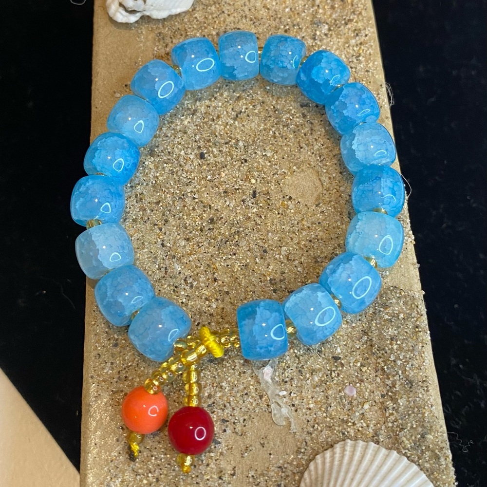 Blue Glass Beaded Bracelet with Cherry Charm